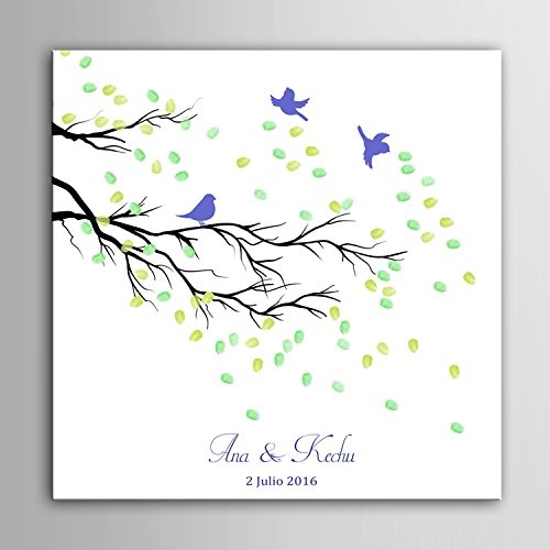 homee Fingerabdruck Signature Leinwandbild Äste und Vögel Baum Hochzeit Geschenk Hochzeit Dekoration Party Geschenk Hochzeit Name (inklusive 12 Tinte Farben), 60x60cm unframed