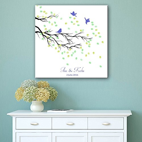 homee Fingerabdruck Signature Leinwandbild Äste und Vögel Baum Hochzeit Geschenk Hochzeit Dekoration Party Geschenk Hochzeit Name (inklusive 12 Tinte Farben), 60x60cm unframed