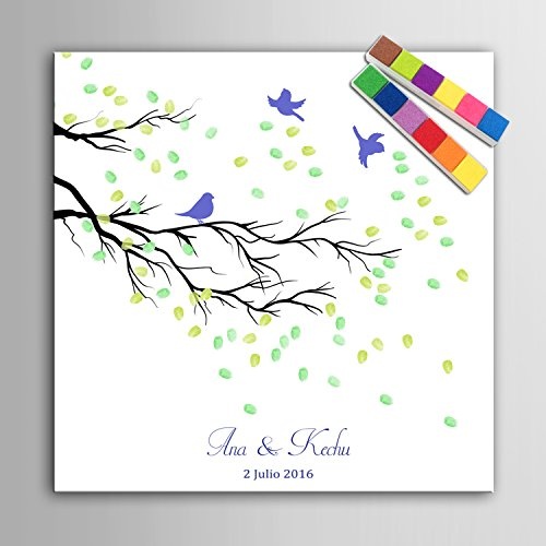 homee Fingerabdruck Signature Leinwandbild Äste und Vögel Baum Hochzeit Geschenk Hochzeit Dekoration Party Geschenk Hochzeit Name (inklusive 12 Tinte Farben), 60x60cm unframed