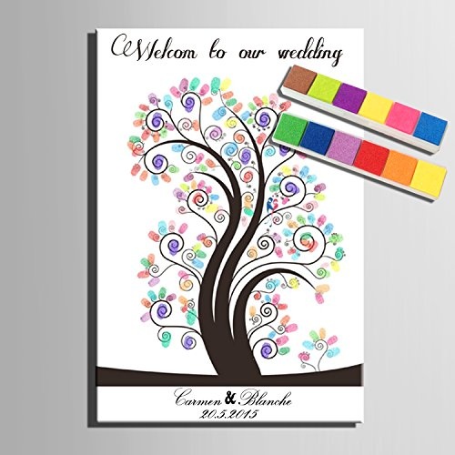 DIY (Welcome to our Hochzeit) personalisierbar Hochzeit Baum Gästebuch Alternative Wunschbaum Fingerabdruck Signature Leinwandbild Baum Hochzeit Geschenk Hochzeit Dekoration Hochzeit Namen (inklusive 12 Tinte Farben) 35cm*50cm/pc