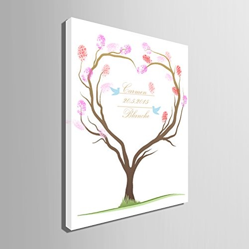 DIY (Happy Little Vogel in der Herz Baum) Persönlicher Wedding Tree Gästebuch Alternative Wunschbaum Fingerabdruck Signature Leinwandbild Baum Hochzeit Geschenk Hochzeit Dekoration Hochzeit Namen (inklusive 12 Tinte Farben) 35cm*50cm/pc