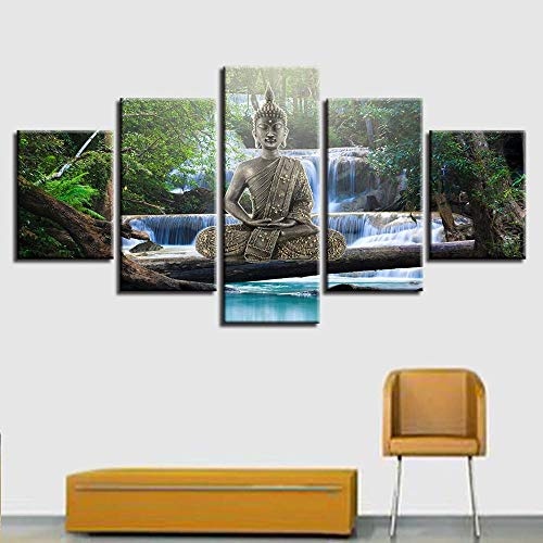 WHOOPS-Art Hd Printing Decor 5 Stücke Gold Buddha Meditation Wasserfall Landschaftsbilder Modulare Leinwandbilder Für Wohnzimmer Wand