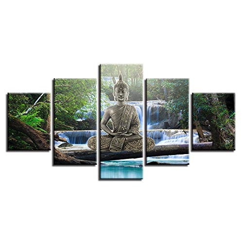 WHOOPS-Art Hd Printing Decor 5 Stücke Gold Buddha Meditation Wasserfall Landschaftsbilder Modulare Leinwandbilder Für Wohnzimmer Wand