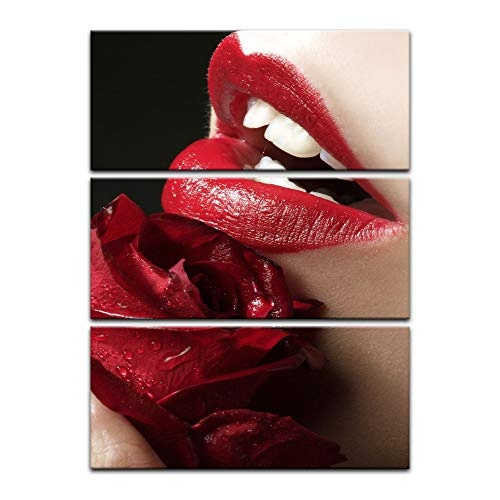 Wandbild - Smell and Beauty - Bild auf Leinwand - 80 x 120 cm 3tlg - Leinwandbilder - Bilder als Leinwanddruck - Akt & Erotik - Rose und roter Mund