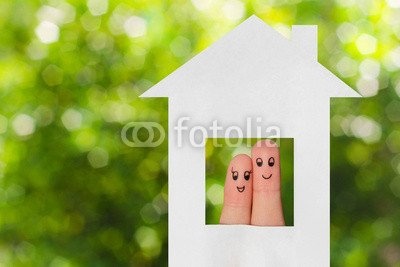 Leinwand-Bild 110 x 70 cm: "Finger art of a family. Family looking out of house", Bild auf Leinwand