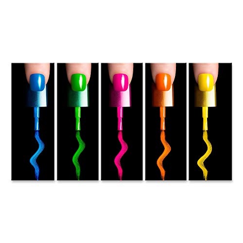 Bild Bilder auf Leinwand Fünf Finger mit fünf Nagellack-Pinseln in Fluor-Farben. Maniküreund Nagelkunstkonzept. Nahaufnahmebild getrennt auf Schwarzem Wandbild, Poster, Leinwandbild OTL-5P-DE6