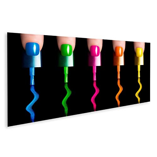 Bild Bilder auf Leinwand Fünf Finger mit fünf Nagellack-Pinseln in Fluor-Farben. Maniküreund Nagelkunstkonzept. Nahaufnahmebild getrennt auf Schwarzem Wandbild, Poster, Leinwandbild OTL-Pano-DE6