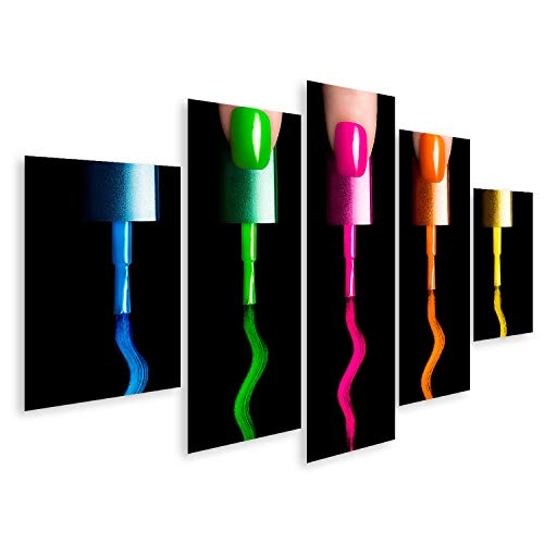Bild Bilder auf Leinwand Fünf Finger mit fünf Nagellack-Pinseln in Fluor-Farben. Maniküreund Nagelkunstkonzept. Nahaufnahmebild getrennt auf Schwarzem Wandbild, Poster, Leinwandbild OTL-MFP-DE6