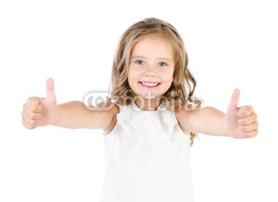 Leinwand-Bild 110 x 80 cm: "Happy cute little girl with two finger up", Bild auf Leinwand