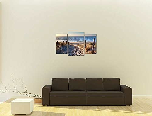 Wandbild - Schöner Weg zum Strand III - Bild auf Leinwand - 100x60 cm dreiteilig - Leinwandbilder - Urlaub, Sonne & Meer - Nordsee - Dünen mit Strandgräsern - Idylle - Erholung