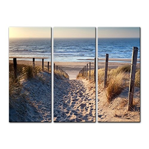 Wandbild - Schöner Weg zum Strand III - Bild auf Leinwand - 120x80 cm dreiteilig - Leinwandbilder - Urlaub, Sonne & Meer - Nordsee - Dünen mit Strandgräsern - Idylle - Erholung