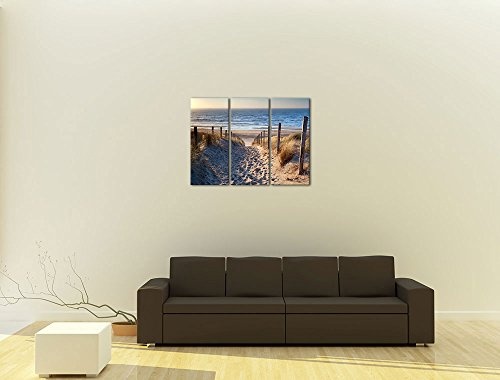 Wandbild - Schöner Weg zum Strand III - Bild auf Leinwand - 120x80 cm dreiteilig - Leinwandbilder - Urlaub, Sonne & Meer - Nordsee - Dünen mit Strandgräsern - Idylle - Erholung