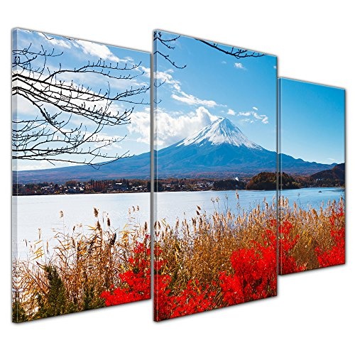 Wandbild - Fuji im Herbst - Bild auf Leinwand - 100x60 cm dreiteilig - Leinwandbilder - Landschaften - Japan - Blick auf Vulkan