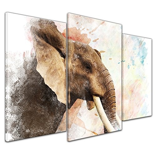 Wandbild - Aquarell - Elefant - Bild auf Leinwand 100 x 60 cm dreiteilig - Leinwandbilder - Bilder als Leinwanddruck - Tierwelten - Malerei - bedrohte Tierart - Afrika - afrikanischer Elefant
