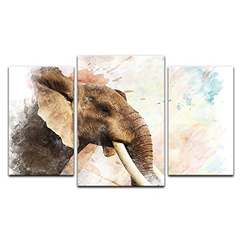 Wandbild - Aquarell - Elefant - Bild auf Leinwand 100 x 60 cm dreiteilig - Leinwandbilder - Bilder als Leinwanddruck - Tierwelten - Malerei - bedrohte Tierart - Afrika - afrikanischer Elefant