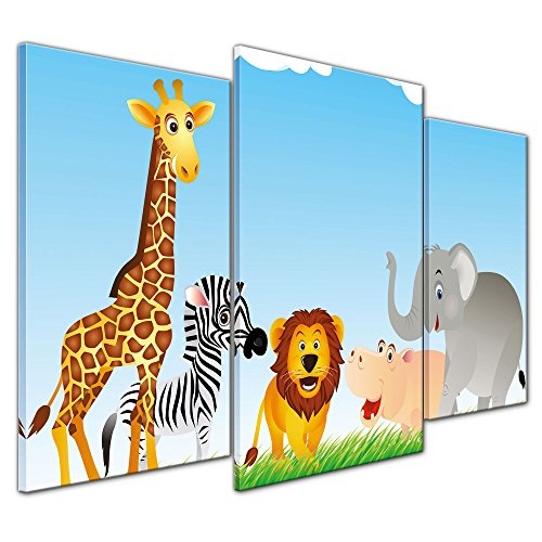 Wandbild - Kinderbild Tiere Cartoon VI - Bild auf Leinwand - 100x60 cm dreiteilig - Leinwandbilder - Kinder - freundliche Tiere in der Savanne