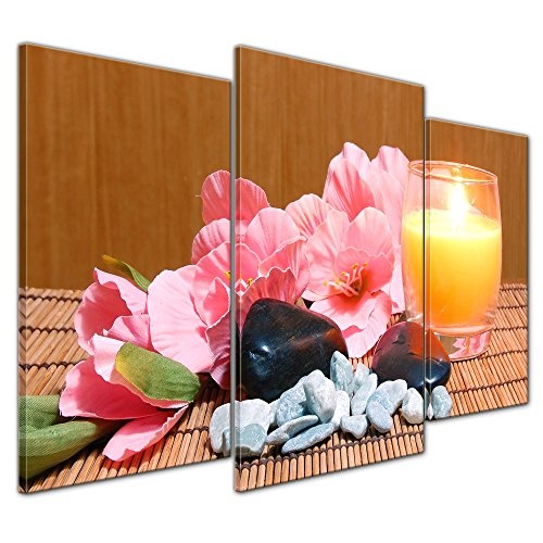 Wandbild - Gladiole mit Zensteinen und Kerze - Bild auf Leinwand - 100x60 cm dreiteilig - Leinwandbilder - Geist & Seele - Wellness - Orchideenblüten - Entspannung