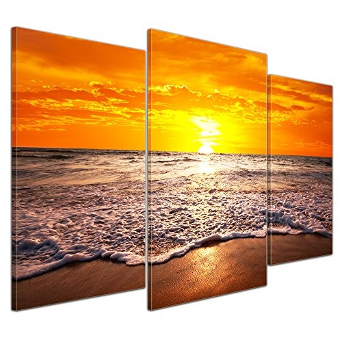 Wandbild - Strand Sonnenuntergang I - Bild auf Leinwand - 100x60 cm 3 teilig - Leinwandbilder - Landschaften - Meer - Brandung - Himmel