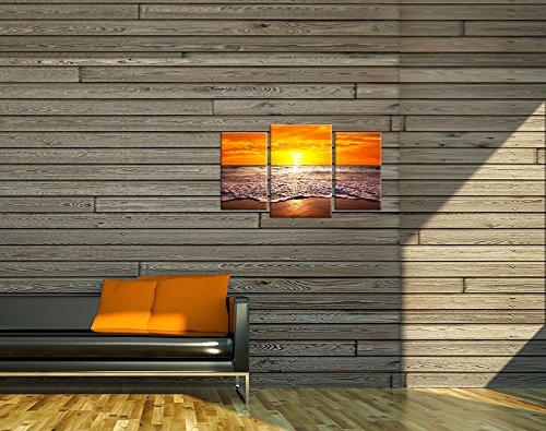 Wandbild - Strand Sonnenuntergang I - Bild auf Leinwand - 100x60 cm 3 teilig - Leinwandbilder - Landschaften - Meer - Brandung - Himmel