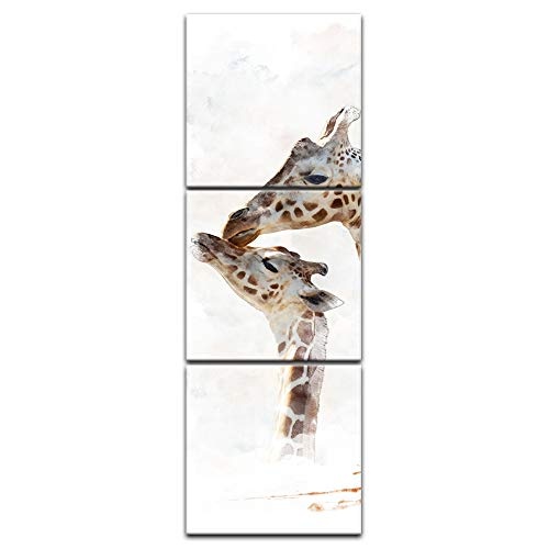 Wandbild - Aquarell - Giraffe - Bild auf Leinwand 60 x 180 cm dreiteilig - Leinwandbilder - Bilder als Leinwanddruck - Tierwelten - Malerei - Afrika - Giraffe und Ihr Junges