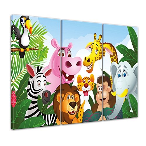 Wandbild - Kinderbild Dschungeltiere Cartoon III - Bild auf Leinwand - 90x60 cm dreiteilig - Leinwandbilder - Kinder - Gruppenbild von Wilden Tieren