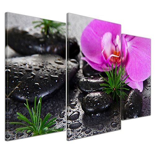 Wandbild - Zen Steine XI - Bild auf Leinwand - 100x60 cm dreiteilig - Leinwandbilder - Geist & Seele - Erholung - Wellness - Steine mit Gras und Orchideenblüte