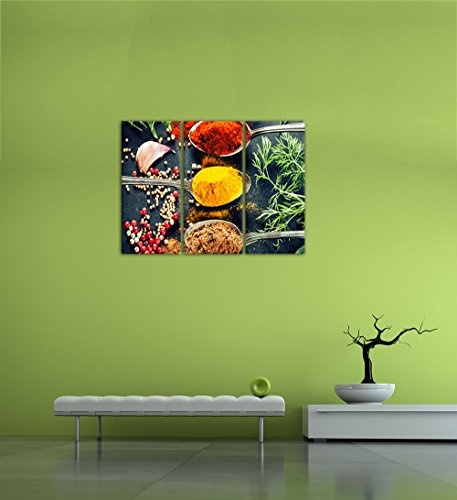 Wandbild - Kräuter und Gewürze - Bild auf Leinwand - 120x80 cm dreiteilig - Leinwandbilder - Essen & Trinken - farbenfrohe Gewürze auf Löffeln