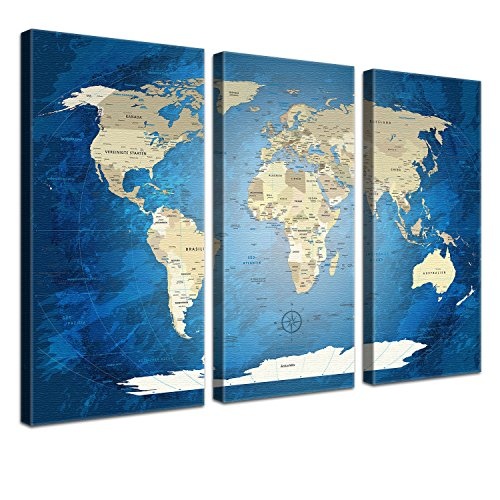 LANA KK - Weltkarte Leinwandbild mit Korkrückwand zum pinnen der Reiseziele – „World Map Blue Ocean” - deutsch - Kunstdruck-Pinnwand Globus in blau, dreiteilig & fertig gerahmt in 120x80cm