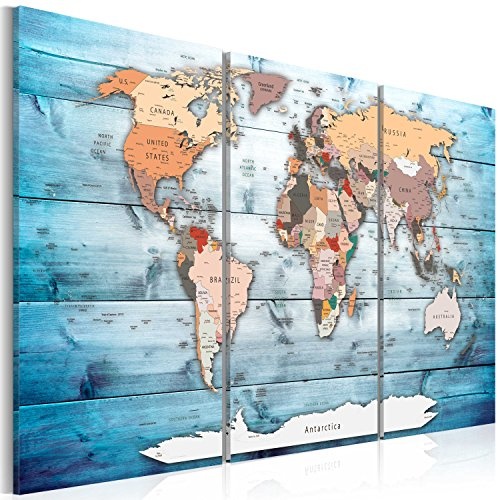 Neuheit! Weltkarte mit Kork Rückwand 60x40 cm - dreiteilig Bilder Leinwandbild Poster Pinnwand Kunstdruck Weltkarte Holz Landkarte Karte Kontinent k-C-0035-p-h 60x40 cm B&D XXL