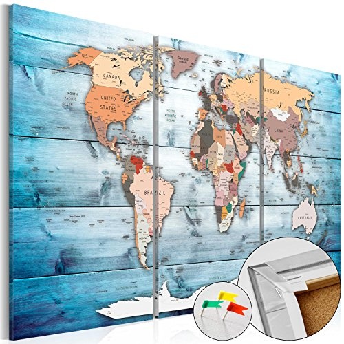 Neuheit! Weltkarte mit Kork Rückwand 60x40 cm - dreiteilig Bilder Leinwandbild Poster Pinnwand Kunstdruck Weltkarte Holz Landkarte Karte Kontinent k-C-0035-p-h 60x40 cm B&D XXL