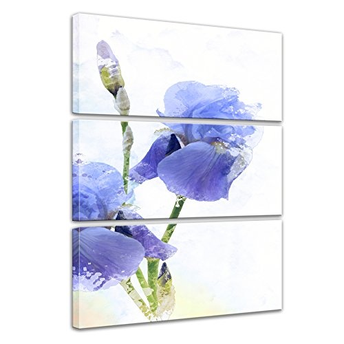 Wandbild - Aquarell - Iris Blumen - Bild auf Leinwand 60 x 90 cm dreiteilig - Leinwandbilder - Bilder als Leinwanddruck - Pflanzen & Blumen - Malerei - Natur - Blaue Irisblüten