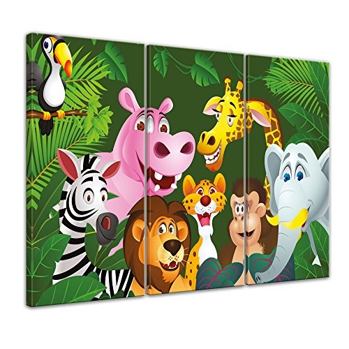 Wandbild - Kinderbild Dschungeltiere Cartoon IV - Bild auf Leinwand - 120x80 cm dreiteilig - Leinwandbilder - Kinder - Gruppenbild von Wilden Tieren