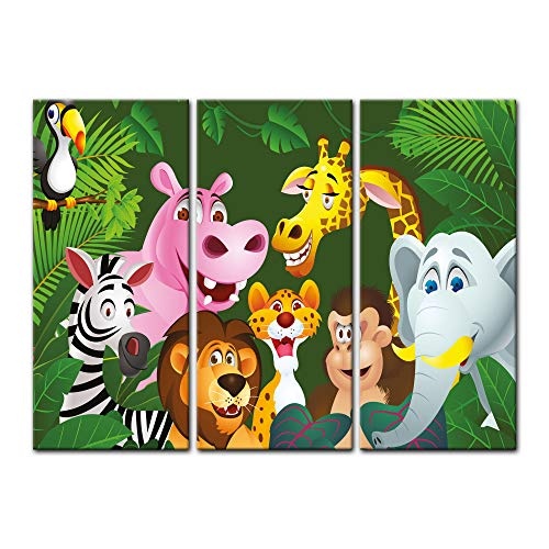 Wandbild - Kinderbild Dschungeltiere Cartoon IV - Bild auf Leinwand - 120x80 cm dreiteilig - Leinwandbilder - Kinder - Gruppenbild von Wilden Tieren