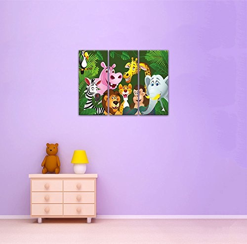 Wandbild - Kinderbild Dschungeltiere Cartoon IV - Bild auf Leinwand - 120x80 cm dreiteilig - Leinwandbilder - Kinder - Gruppenbild von Wilden Tieren