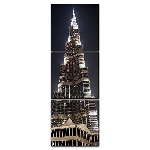 Wandbild - Burj Khalifa bei Nacht - Bild auf Leinwand - 60x180 cm dreiteilig - Leinwandbilder - Städte & Kulturen - Vereinigte Arabische Emirate - Dubai - Architektur - Wolkenkratzer