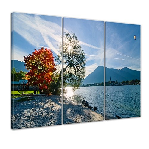 Wandbild - Schöner Morgen am See - Bild auf Leinwand - 150x90 cm dreiteilig - Leinwandbilder - Landschaften - Herbst - Bäume am Seeufer - sonnig