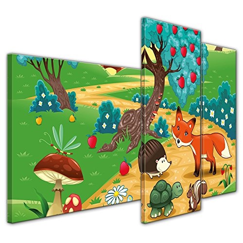 Wandbild - Kinderbild Tiere im Wald - Bild auf Leinwand - 130x80 cm dreiteilig - Leinwandbilder - Kinder - farbenfrohe Waldidylle mit Tieren