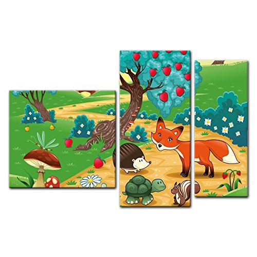 Wandbild - Kinderbild Tiere im Wald - Bild auf Leinwand - 130x80 cm dreiteilig - Leinwandbilder - Kinder - farbenfrohe Waldidylle mit Tieren