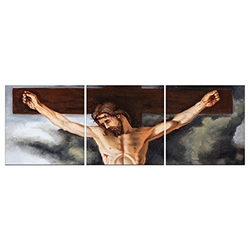 Wandbild - Jesus am Kreuz - Bild auf Leinwand 120 x 40 cm dreiteilig - Leinwandbilder - Bilder als Leinwanddruck - Geist & Seele - Malerei - Glaube - Kirche - Jesus Christus