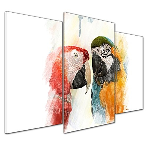 Wandbild - Wasserfarbenbild - Papageien - Bild auf Leinwand - 100x60 cm dreiteilig - Leinwandbilder - Tierwelten - Vogelpaar - farbenfrohe Aras - Bunte Vögel - rot, gelb und grün