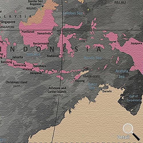 LANA KK Leinwandbild - World Map Edelgrau - in 150 x 100 cm, dreiteilig, Premium Qualität, mit Korkrückwand, Englisch