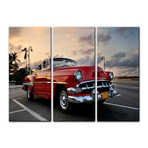 Wandbild - Roter Oldtimer in Havanna - Bild auf Leinwand - 120x80 cm dreiteilig - Leinwandbilder - Motorisiert - Kuba - US-amerikanischer Oldtimer