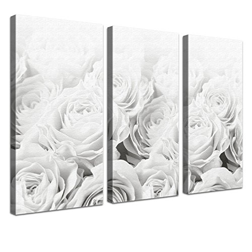 LANA KK - Leinwandbild "Bed Of Roses BW" mit Blumen auf Echtholz-Keilrahmen – Frühling und Natur Fotoleinwand-Kunstdruck in weiß, dreiteilig & fertig gerahmt in 120x80cm