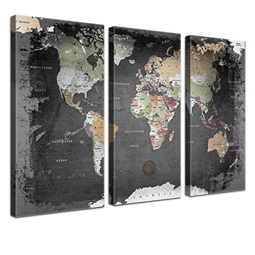 LANA KK - Weltkarte Leinwandbild  „Weltkarte Graphit” - deutsch - Kunstdruck-Pinnwand auf Echtholz-Keilrahmen – Globus in schwarz, dreiteilig & fertig gerahmt in 120x80cm
