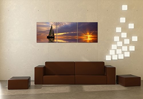 Wandbild - Segelboot im Sonnenuntergang - Bild auf Leinwand - 180x60 cm dreiteilig - Leinwandbilder - Geist & Seele - Urlaub - Entspannung auf See