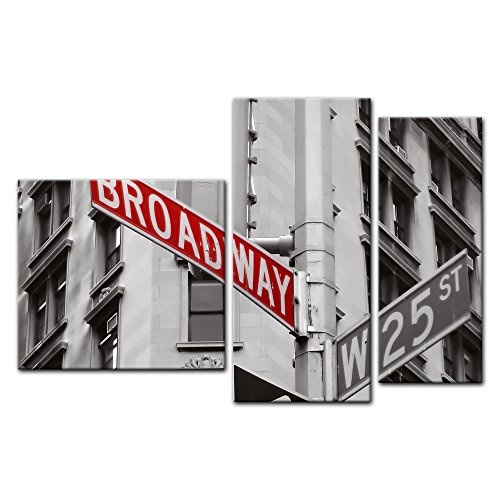 Wandbild - Broadway Straßenschild - Bild auf Leinwand - 130x80 cm dreiteilig - Leinwandbilder - Städte & Kulturen - USA - New York