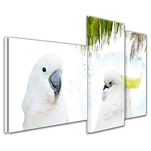 Wandbild - Aquarell - Kakadus - Bild auf Leinwand 130 x 80 cm dreiteilig - Leinwandbilder - Bilder als Leinwanddruck - Tierwelten - Malerei - Vögel - Zwei weiße Kakadus auf Einem AST