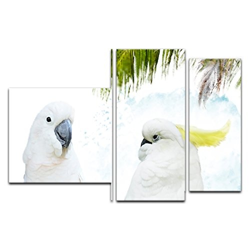Wandbild - Aquarell - Kakadus - Bild auf Leinwand 130 x 80 cm dreiteilig - Leinwandbilder - Bilder als Leinwanddruck - Tierwelten - Malerei - Vögel - Zwei weiße Kakadus auf Einem AST