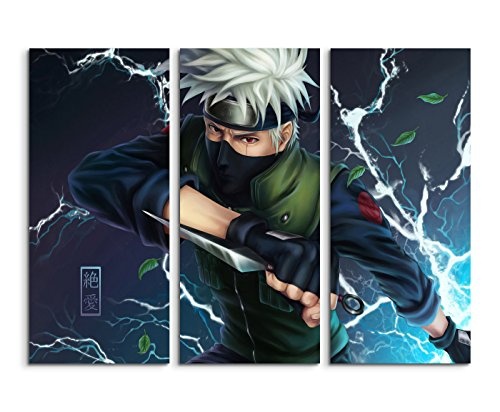 Leinwandbild 3 teilig Kakashi_Naruto_3x90x40cm (Gesamt 120x90cm) _Ausführung schöner Kunstdruck auf echter Leinwand als Wandbild auf Keilrahmen