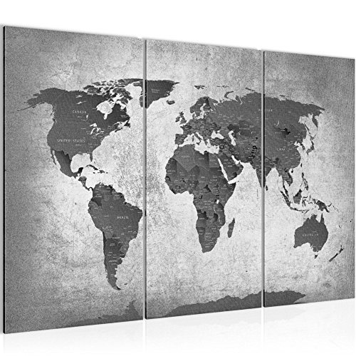 Bilder Weltkarte World map Wandbild 120 x 80 cm Vlies - Leinwand Bild XXL Format Wandbilder Wohnzimmer Wohnung Deko Kunstdrucke Grau 3 Teilig - Made IN Germany - Fertig zum Aufhängen 107631c